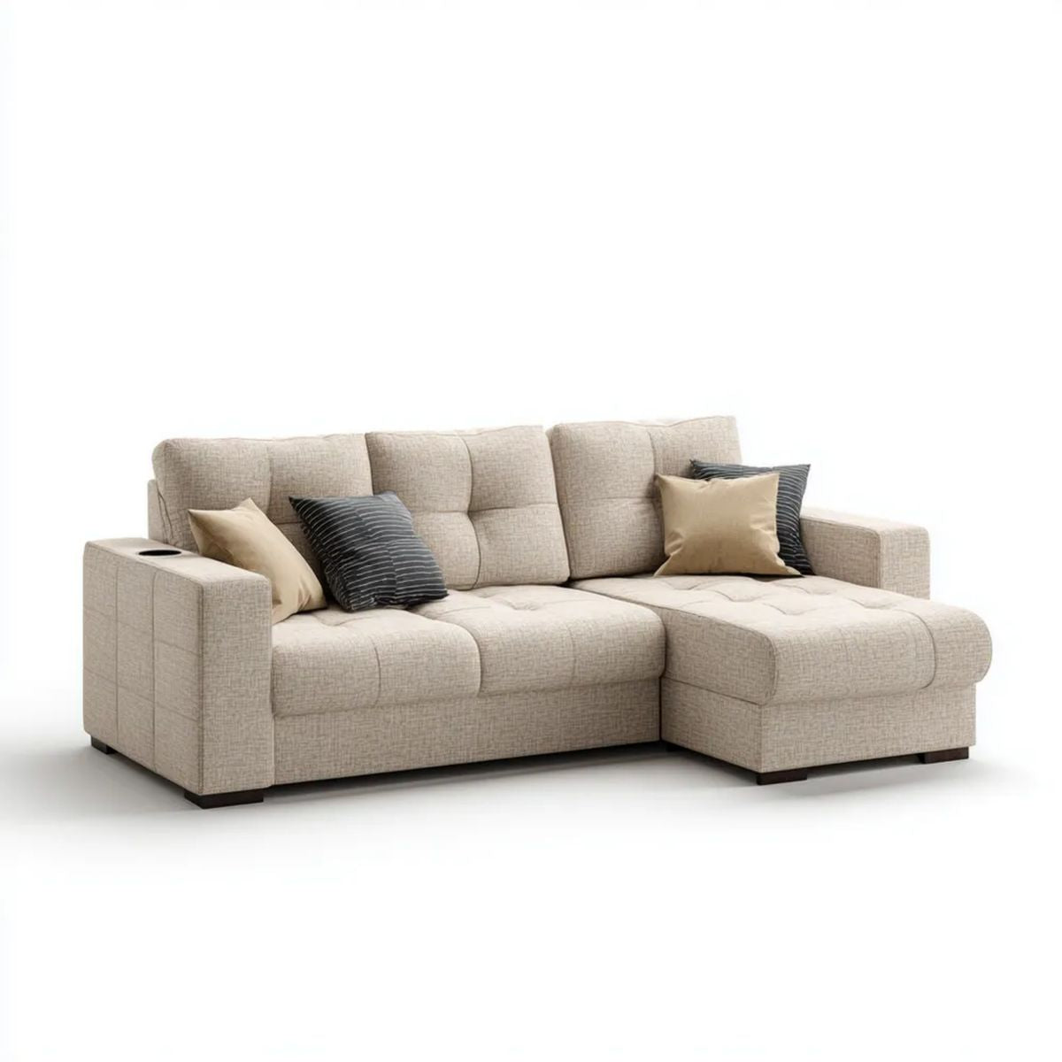 Beżowa sofa narożna z szezlongiem po prawej stronie z tkaniny, 260 × 165 × 88 cm