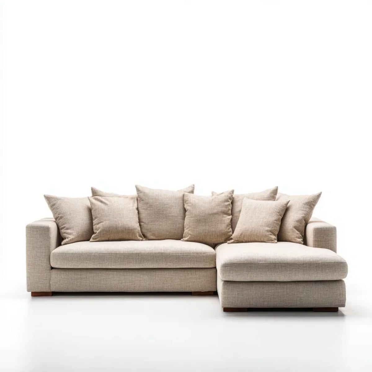 Beżowa sofa narożna z prawostronnym szezlongiem, tapicerka poliestrowa, 260 × 165 × 85 cm