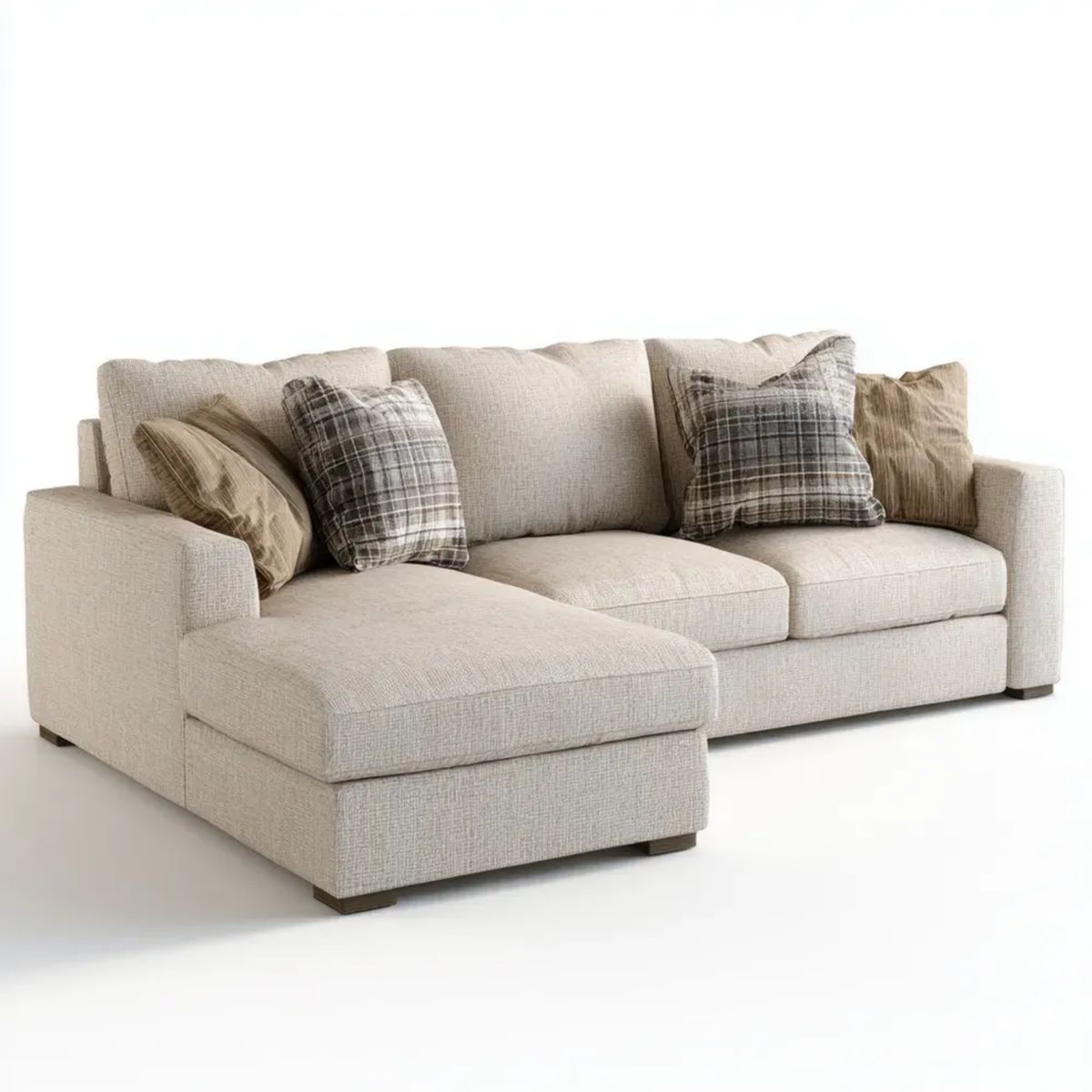 Beżowa sofa narożna z tkaniny z lewostronną leżanką, 250 x 160 x 88 cm