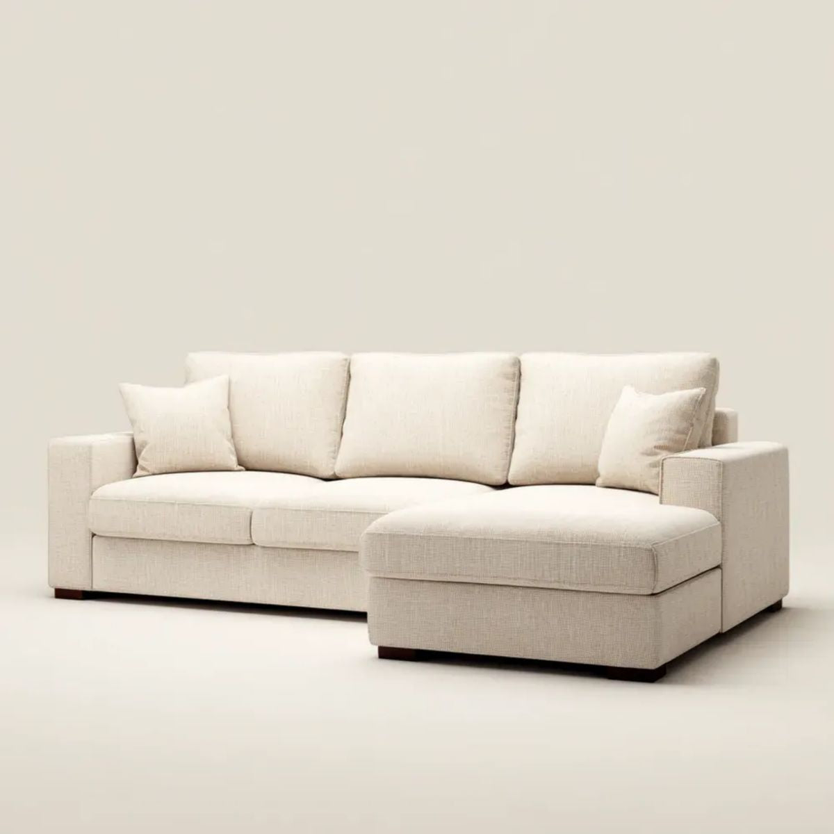 Beżowa sofa narożna z prawostronnym szezlongiem, tapicerka poliestrowa, 250 × 160 × 85 cm